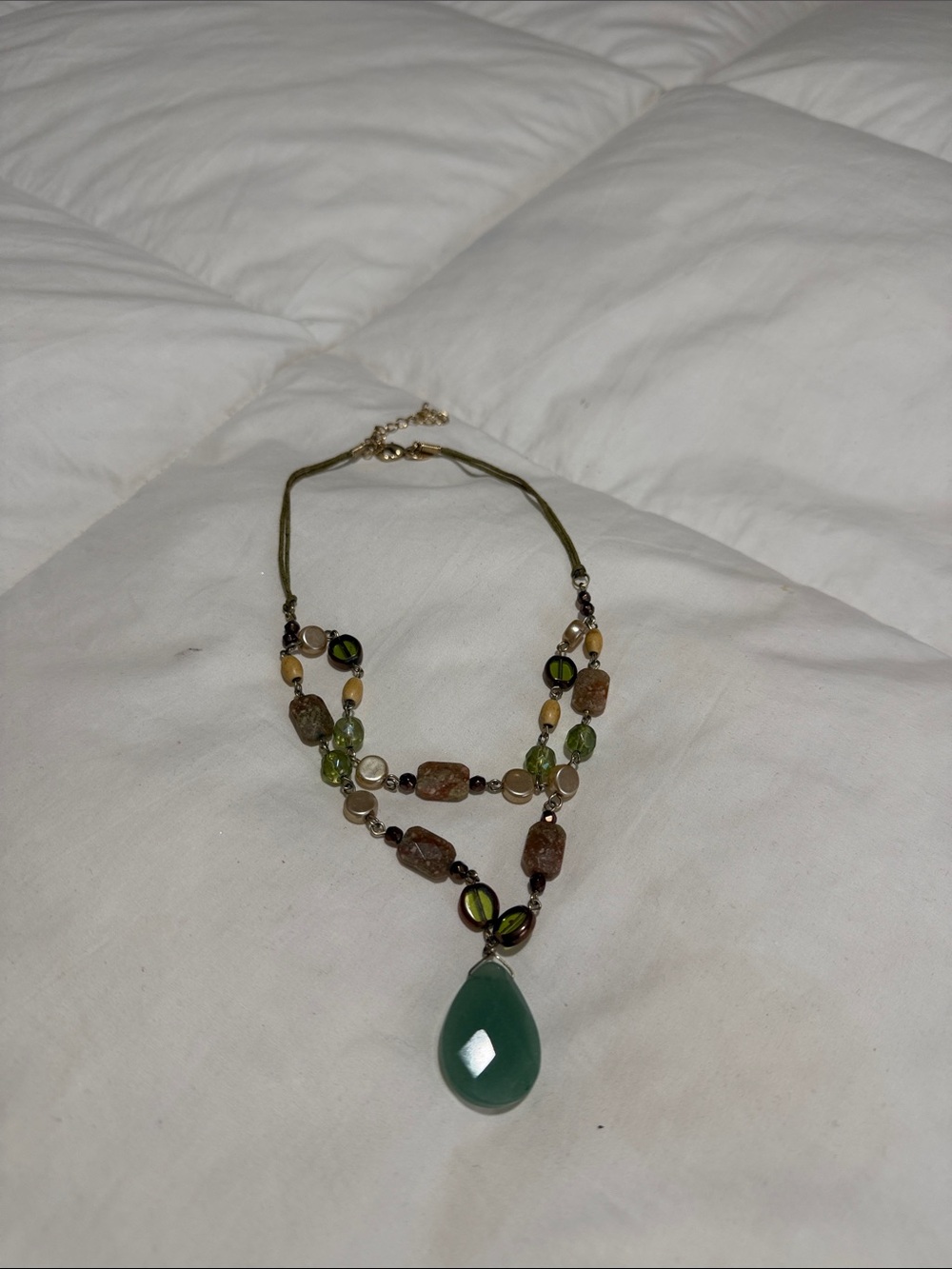 Lia Sophia Green & Brown Beaded Pendant Necklace
